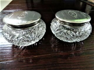 Large Art Deco Birks Sterling Silver Cut Glass Dresser Vanity Jars
