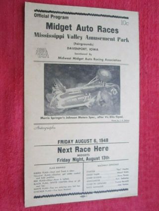 August 6,  1948 Midget Auto Races Program Davenport Iowa Fairgrounds