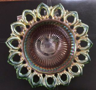 Northwood Antique Carnival Glass Marigold Green Wild Rose Open Lace Footed Bowl