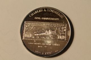 Silver Medal: Charles A.  Lindbergh 50th Anniversary.  Airmail Stamp.  1977.
