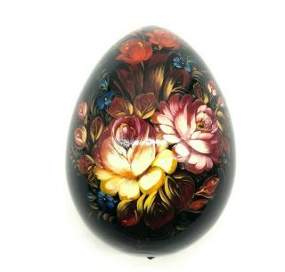 Vintage Russian Hand Painted Lacquer Wood Egg Flower Artist Signed 4 "