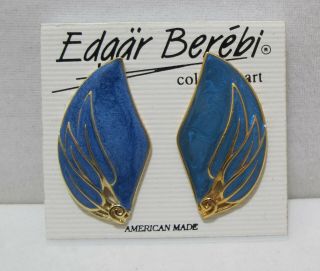 Vtg Edgar Berebi Blue Enamel Gold Tone Post Pierced Earrings Noc