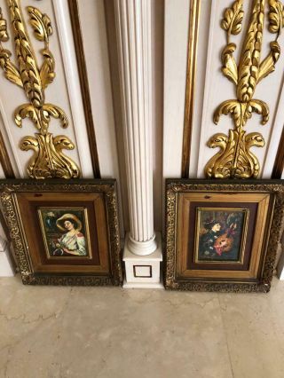 Pair Antique Oil Wood Paintings With Wood Frame With Sign