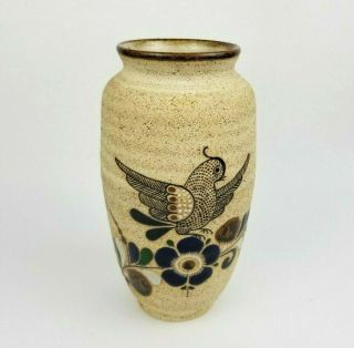 Vintage Tonala Mexican Stoneware Pottery Hand Painted 9 " Bird Vase Signed