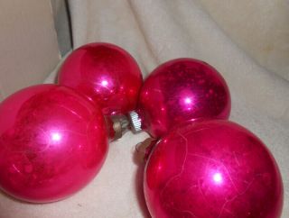 Vtg Mid Century 4 Large Glass Christmas Ball Ornaments All Rose Pink 3 " Diameter