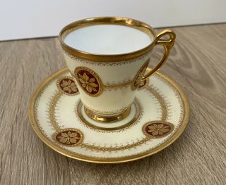 Vintage Dresden Germany Porcelain Demi Demitasse Tea Cup & Saucer Red & Gold