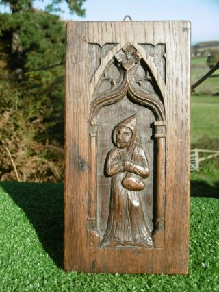 19thc Gothic Wooden Oak Carved Panel With Monk Figure C.  1870