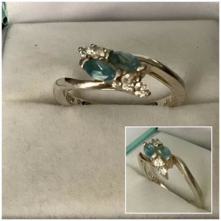Vintage Jewellery 925 Sterling Silver Aquamarine & Clear Stone Dress Ring L