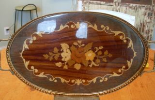 Vintage Italian Marquetry Inlay Wood Serving Tray W/ Brass Trim & Handle 16x9
