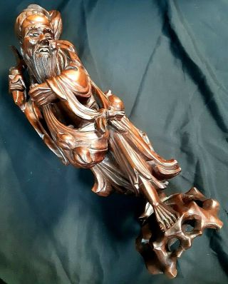 Monumental Antique Chinese Carved Hard Wood Figure Of Immortal 3 Kg 47.  8 Cm Tall