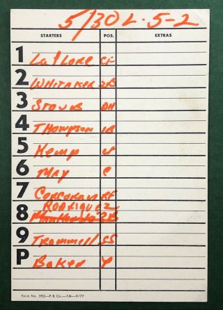 May 30th 1978 Detroit Tigers (5) Dugout Lineup Card Vs.  Baltimore Orioles (2)