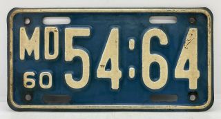Antique Motorcycle Collectible Vintage 1960 Maryland License Plate Md.  60 54•64