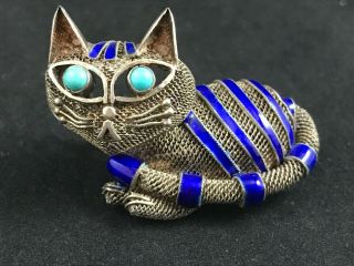 Antique / Vintage Chinese Stamped Silver Filigree Enamel Turquoise 3d Cat Brooch