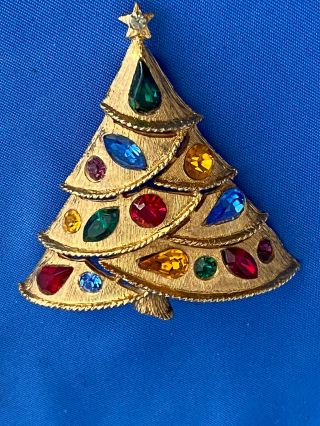 Vintage Signed Jj Goldtone Christmas Tree Pin Brooch Multicolor Rhinestones