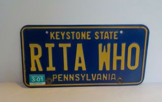 Vintage Pa Vanity License Plate Rita Who Pennsylvania Blue Yellow Unique Gift