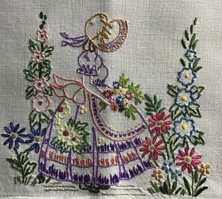 Gorgeous Vintage Hand Embroidered Tablecloth Crinoline Lady/wild Meadow Flowers.