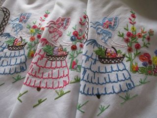 Vintage Hand Embroidered Linen Tablecloth - Crinoline Ladies & Florals