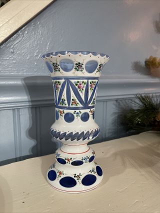 Antique Vintage Cased Milk Glass Cut To Cobalt Enamel Vase Overlay Cased