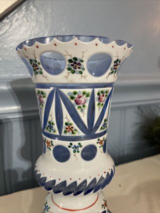 Antique Vintage Cased Milk Glass Cut To Cobalt Enamel Vase Overlay Cased 2