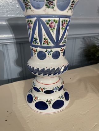 Antique Vintage Cased Milk Glass Cut To Cobalt Enamel Vase Overlay Cased 3