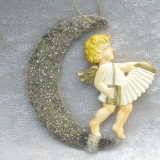 Vintage Hard Plastic Angel On Moon Christmas Ornament Accordion Germany 1940s