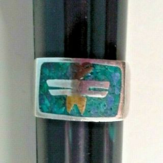 Vintage Scd Ring Mexico 925 Turquoise Chip & Other Stones Inlay Sz 9.  5 7.  42g