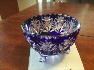 Antique Cobalt Blue Cut To Clear Czech Bohemian Crystal Footed Bowl 3”t 4” Dia