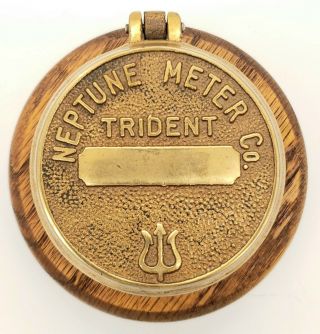 Vintage Brass Neptune Trident Water Meter Co Meter Cover Wood Base Clock 4 In