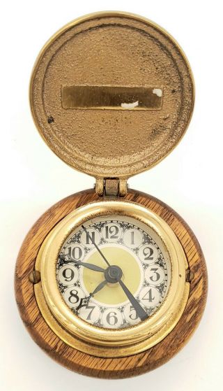 Vintage Brass Neptune Trident Water Meter Co Meter Cover Wood Base Clock 4 in 2