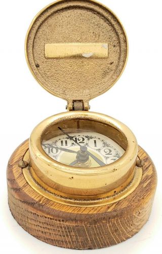Vintage Brass Neptune Trident Water Meter Co Meter Cover Wood Base Clock 4 in 3
