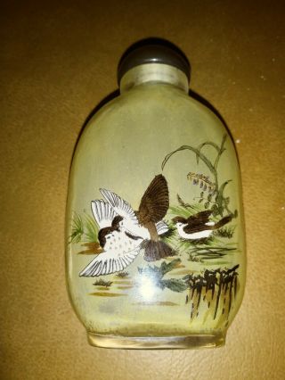 Vintage (inside Reverse Hand Painted) Green Outdoor Birds Scene Snuff Bottle