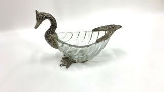 Vintage Silver Color Metal And Glass Swan Peacock Salt Cellar Candy Dish