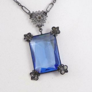 Vtg Antique Art Deco Sterling Silver Blue Glass Filigree Necklace 15 " Lfj3