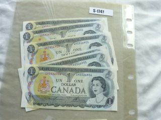 Vintage 6x Banknote Canada 1973 1 Dollar Sequance Number No1741