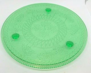 Vintage Us Glass Green Uranium Glass Cake Plate,  With Maple Leaves