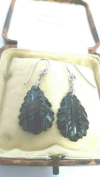 Antique Victorian Whitby Jet Carved Drop Earrings C1880 Goth Mourning