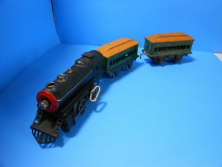 Antique Marx Joy Line Key - Wind Locomotive With 2 Tin Litho Passenger Cars
