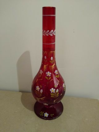 Antique/vintage Ruby Red Glass Bud Vase With Hand Painted Flowers 8 1/2 "