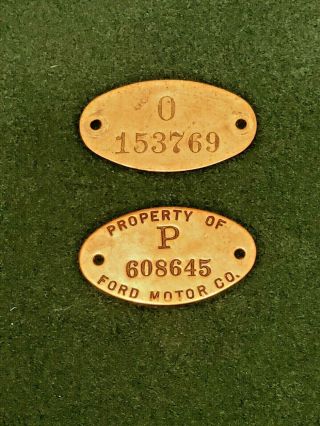 Old Oval " Property Of Ford Motor Company " Brass Tag With Bonus Brass Locker Tag