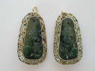 Vintage / Antique Chinese Carved Jade Sterling Silver Vermeil Filigree Earrings