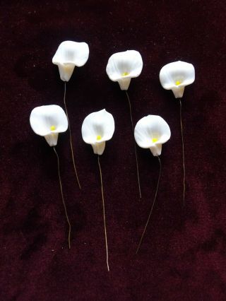 6 Vintage Art Glass Lampwork Miniature Calla Lilies,  Flowers On Wire,  Japan