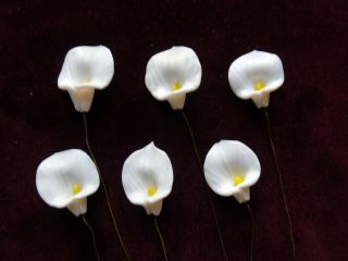 6 Vintage Art Glass Lampwork Miniature Calla Lilies,  Flowers on Wire,  Japan 2