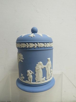 Vintage Wedgwood Jasper Ware Blue Round Lidded Pot Tobacco Jar 12cm Tall