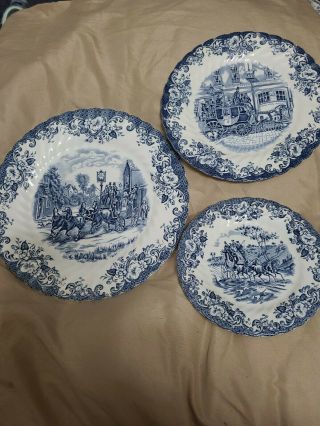 Vintage Johnson Brothers Blue Coaching Scenes 3 Piece Place Setting