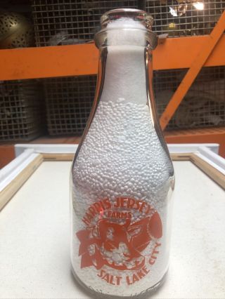 Trpq Vintage Milk Bottle Harris Jersey Farms,  Salt Lake City.  Quart Pyro Dacro