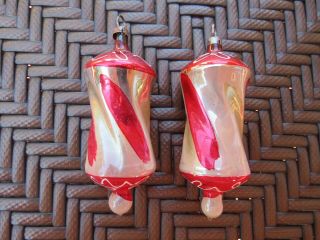 2 Vintage Blown Glass Twisted Hand Painted Christmas Tree Ornaments