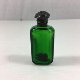 Antique 1900 Solid Silver Topped Green Glass Scent Bottle A/f 7cm In Height