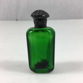 Antique 1900 Solid Silver Topped Green Glass Scent Bottle A/F 7cm In Height 3