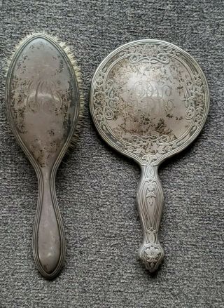 Vintage Sterling Silver Hair Brush Hand Held Vanity Mirror Monogrammed