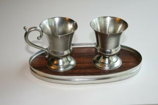 Vintage Bisco Holland Pewter Cream And Sugar W/wood & Pewter Tray
